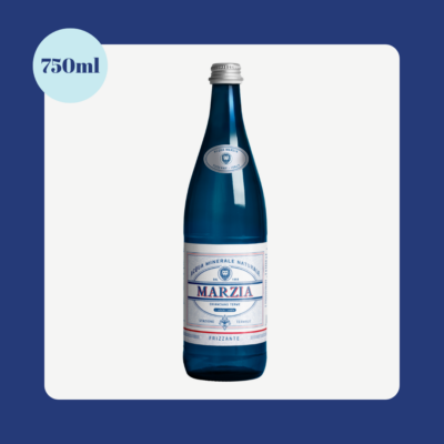 Marzia Sparkling Natural Mineral Water 750ml glass bottle from Tuscany, Italy, displayed on a blue background with a clean product-focused design.