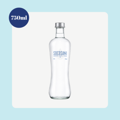Socosani Still Natural Mineral Water 750ml premium glass bottle on a clean white background with size indicator.