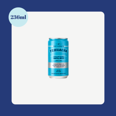Tehuacán Brillante Original sparkling natural mineral water 236ml can on a clean white background with 236ml size badge.