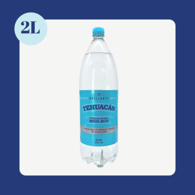 Tehuacán Brillante sparkling natural mineral water 2L PET bottle on a white background with 2-liter size badge.
