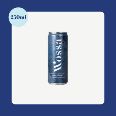 Wossa Sparkling Spring Water 250ml slim can from Austria with premium dark blue minimalist packaging