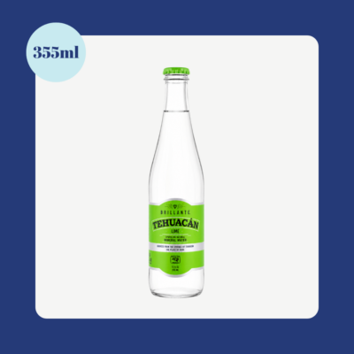 Tehuacán Brillante Lime Sparkling Natural Mineral Water 355ml glass bottle with natural lime flavor on a clean white background.
