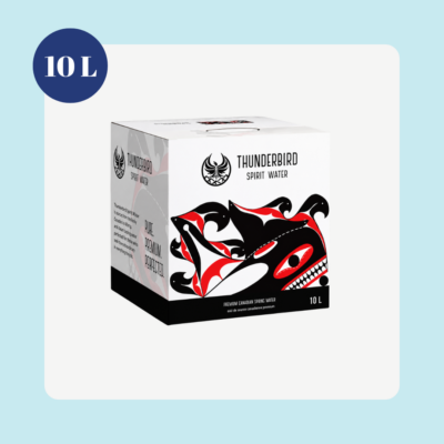 Thunderbird Spirit Water 10L bag-in-box still water packaging featuring premium Canadian spring water branding and Indigenous-inspired artwork
