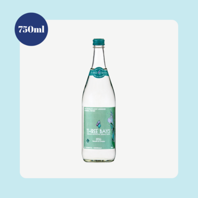 Three Bays Still Premium Australian Mineral Water 750ml glass bottle on a light background