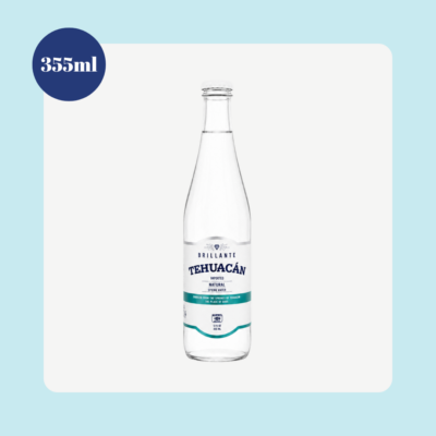 Tehuacán Brillante Natural Spring Water 355ml glass bottle sourced from Tehuacán, Mexico on a clean white background.
