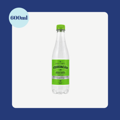 Tehuacán Brillante Lime Sparkling Natural Mineral Water 600ml PET bottle isolated on a white background.