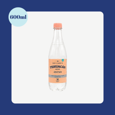 Tehuacán Brillante Grapefruit Sparkling Natural Mineral Water 600ml PET bottle with natural grapefruit flavor on a white background.