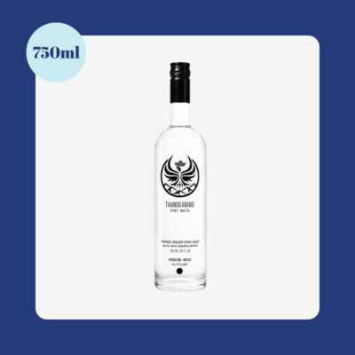 Thunderbird Spirit Water 750ml sparkling Canadian spring water glass bottle with black cap on a white background and navy blue border.